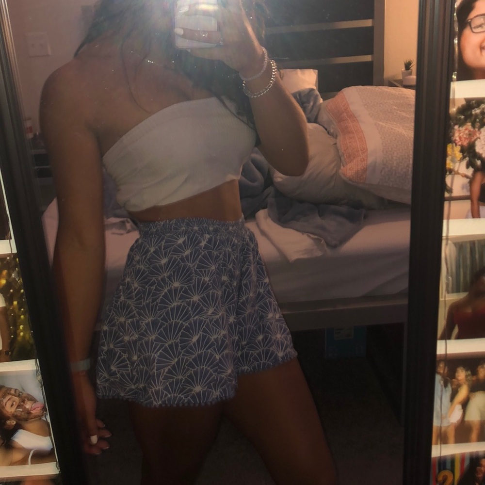 Blue flowy short shorts.